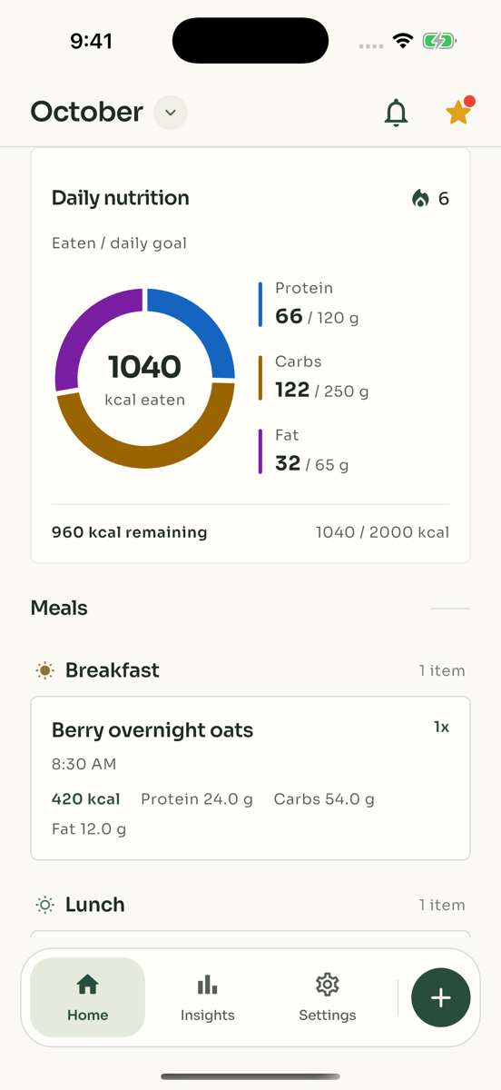 Caloist diary with daily calorie and macro progress