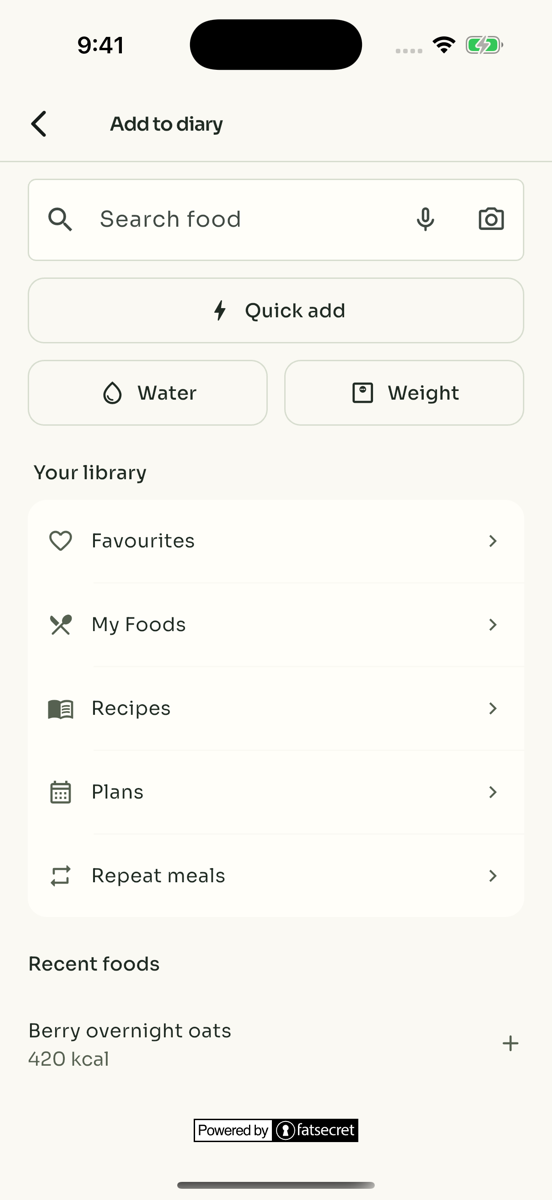 Food search, quick add, favourites and recent meals