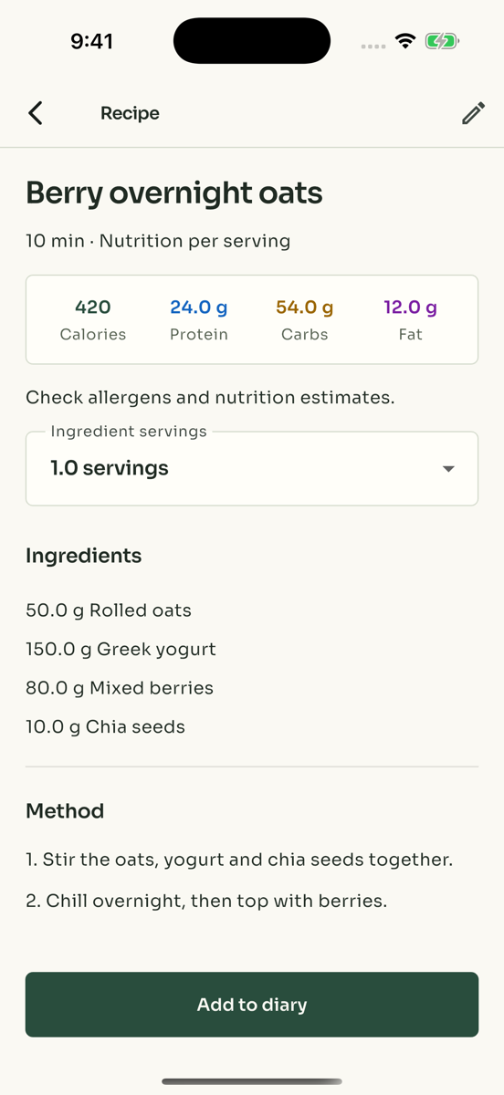 A saved recipe with ingredients and nutrition